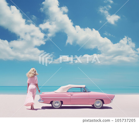 Dreamy Image of Woman and Vintage Car on White Sand Beach - AI Generated 105737205