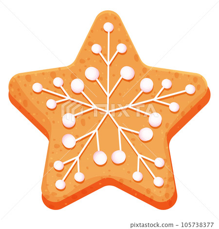Gingerbread star with glaze, icing decoration top view in cartoon style isolated on white. Christmas, winter holiday cookie, sweet traditional dessert. 105738377