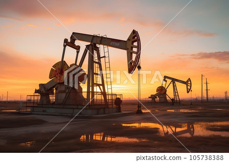 Oil pumps and rig at sunset. 105738388