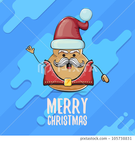 vector rock star Santa potato funny cartoon cute character with red Santa hat and calligraphic merry Christmas text isolated on abstract cartoon blue background. Christmas party poster or card 105738831