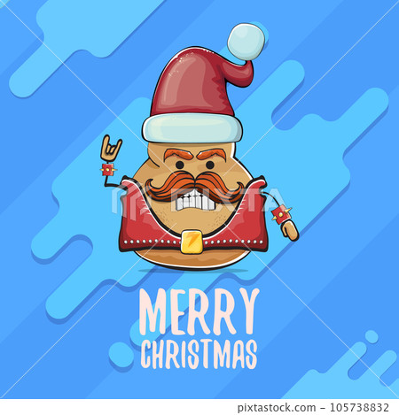 vector rock star Santa potato funny cartoon cute character with red Santa hat and calligraphic merry Christmas text isolated on abstract cartoon blue background. Christmas party poster or card 105738832