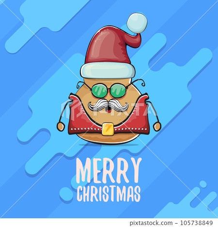 vector rock star Santa potato funny cartoon cute character with red Santa hat and calligraphic merry Christmas text isolated on abstract cartoon blue background. Christmas party poster or card 105738849