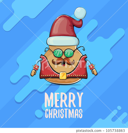 vector rock star Santa potato funny cartoon cute character with red Santa hat and calligraphic merry Christmas text isolated on abstract cartoon blue background. Christmas party poster or card 105738863