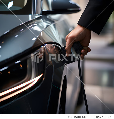 electronic car charging station stops refueling points and electric car battery, hand push button starting power, EV electric car of the future, environmentally friendly energy 105739002