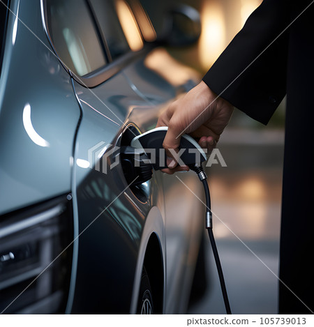 electronic car charging station stops refueling points and electric car battery, hand push button starting power, EV electric car of the future, environmentally friendly energy 105739013