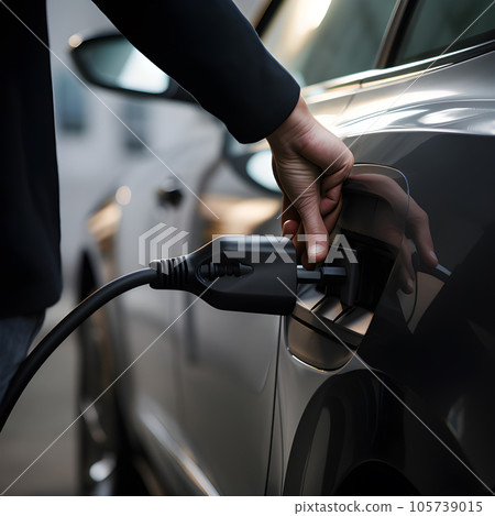 electronic car charging station stops refueling points and electric car battery, hand push button starting power, EV electric car of the future, environmentally friendly energy 105739015