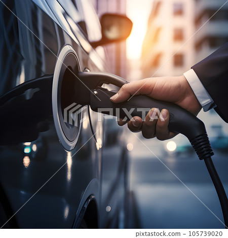 electronic car charging station stops refueling points and electric car battery, hand push button starting power, EV electric car of the future, environmentally friendly energy 105739020