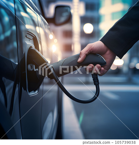 electronic car charging station stops refueling points and electric car battery, hand push button starting power, EV electric car of the future, environmentally friendly energy 105739038