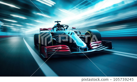 Close-up shot of a Formula One race on the fast motion blur 105739245