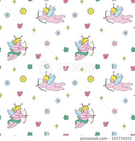 Beautiful vector kid seamless pattern with cute hand drawn little putti angels with flowers and hearts. Stock illustration. Beautiful vector kid seamless pattern with cute hand drawn little putti angels with flowers and hearts. Stock illustration. 105739501