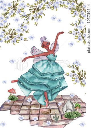 Composition with cartoon fairy with magic wings, flowers and butterflies. Watercolor hand drawn illustration . Perfect for greeting card, poster, wedding invitation, party decor. Composition with cartoon fairy with magic wings, flowers and butterflies. Watercolor hand drawn illustration . Perfect for greeting card, poster, wedding invitation, party decor. 105739544