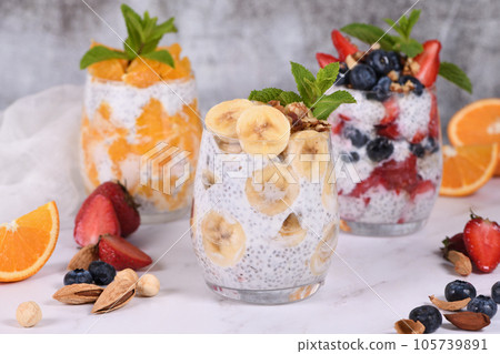 Chia Pudding with Greek Yogurt and Fruit 105739891