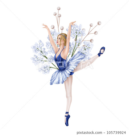 Dancing girl decorated with gypsophila flowers and decorative twigs. Theatrical performance of an elegant ballerina in a blue tutu and pointe shoes. Digital isolated illustration 105739924