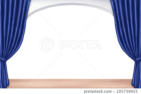 A theater stage with marble columns and satin curtains. Digital illustration on a white background. Concert hall, classical scenery for the performance, podium, opera, dance studio 105739925