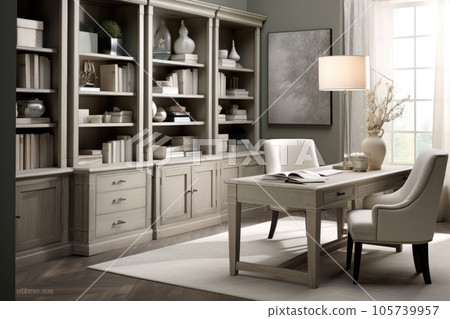 Interior of a room with a workplace at a table with a computer. Luxury solid cabinet furniture Interior of a room with a workplace at a table with a computer. Luxury solid cabinet furniture 105739957