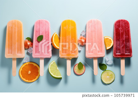 Refreshing popsicle on a stick with lime, orange, berries and mint Refreshing popsicle on a stick with lime, orange, berries and mint 105739971