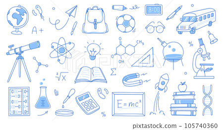 Back to school education doodle icon. Hand drawn line doodle sketch style back to school illustration. Hand drawn book, bag, globe education elements background. Vector 105740360