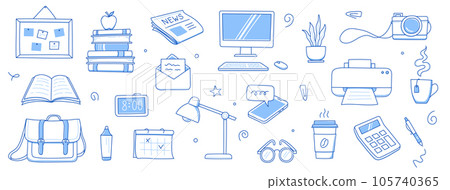 Office work doodle set. Office computer, work desk, notebook doodle icon. Hand drawn sketch style illustration. Business, school education hand drawn elements. Vector 105740365