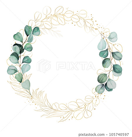 Round frame with green and golden watercolor eucalyptus leaves, isolated wedding illustration Round frame with green and golden watercolor eucalyptus leaves, isolated wedding illustration 105740597