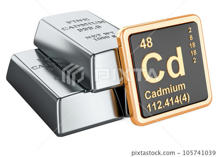 Cadmium ingots with chemical element icon Cadmium Cd, 3D rendering 105741039