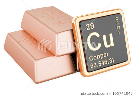 Copper ingots with chemical element icon Copper Cu, 3D rendering Copper ingots with chemical element icon Copper Cu, 3D rendering 105741043