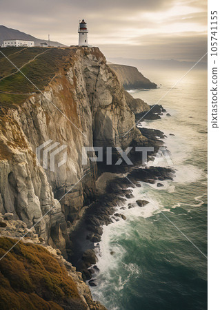 Lighthouse on a cliff overlooking the ocean 105741155
