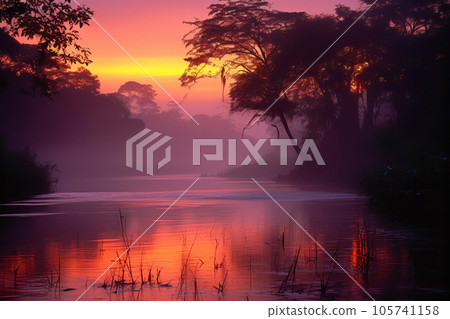 Sunset over Amazon river with trees in the foreground Sunset over Amazon river with trees in the foreground 105741158