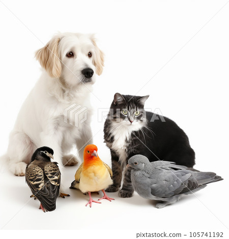Several cute pets - dog, cat, pigeons together on a white background close-up. For advertising and design of pet products, pet stores and feed Several cute pets - dog, cat, pigeons together on a white background close-up. For advertising and design of pet products, pet stores and feed 105741192