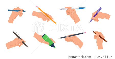 Cartoon hands holding writing tools. Pencil, pen, highlight marker and digital stylus in human hands flat vector illustration set. Hands hold office stationery tools Cartoon hands holding writing tools. Pencil, pen, highlight marker and digital stylus in human hands flat vector illustration set. Hands hold office stationery tools 105741196