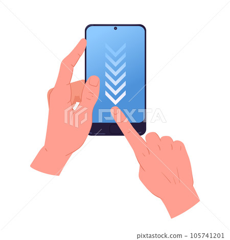 Cartoon hands holding cell phone. Finger scrolling smartphone screen, hands holding cell phone, mobile phone in hands flat cartoon vector illustration Cartoon hands holding cell phone. Finger scrolling smartphone screen, hands holding cell phone, mobile phone in hands flat cartoon vector illustration 105741201