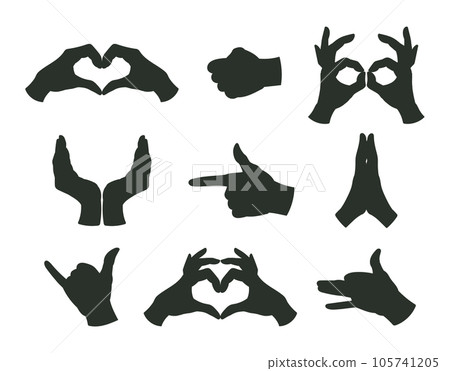 Hands gestures silhouettes. Cartoon human hands signs, heart, call and pray gesture flat vector illustration set 105741205