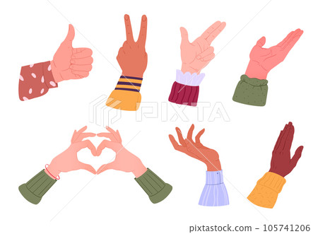 Human hands gestures. Cartoon hands with different gestures and skin colours, people palms flat vector illustration set Human hands gestures. Cartoon hands with different gestures and skin colours, people palms flat vector illustration set 105741206