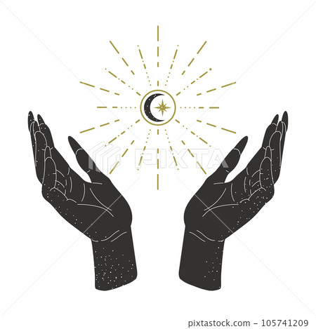Mystical female hands. Magic witch hand palms holding moon and stars, boho esoteric design flat vector illustration 105741209