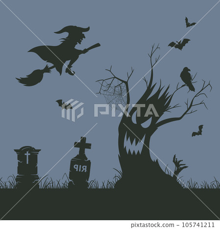 Spooky cemetery silhouette background. Cartoon Halloween graveyard decoration with scary gravestones, trees and bats flat vector illustration Spooky cemetery silhouette background. Cartoon Halloween graveyard decoration with scary gravestones, trees and bats flat vector illustration 105741211