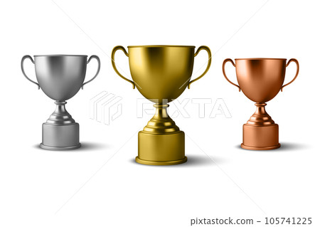 Realistic Vector 3d Blank Golden, Silver, Bronze Champion Cup Icon Set Closeup Isolated on White. Design Template of Championship Trophy. Sport Tournament Award, Winner Cup and Victory Concept 105741225