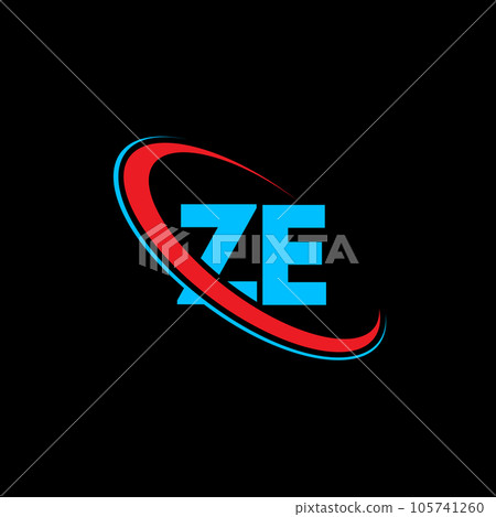 ZE Z E letter logo design. Initial letter ZE linked circle uppercase monogram logo red and blue. ZE logo, Z E design. ze, z e 105741260