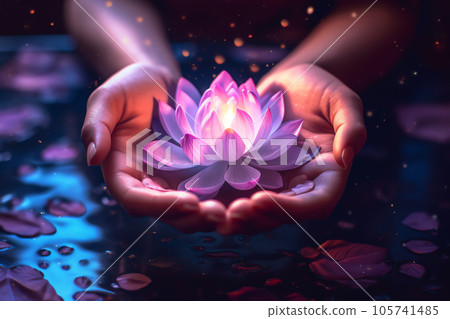 AI generated illustration of lotus floating on the water with hand 105741485