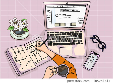 vector workplace at home laptop, glasses mobile phone, coffee, plant, hand drawn illustration vector workplace at home laptop, glasses mobile phone, coffee, plant, hand drawn illustration 105741615
