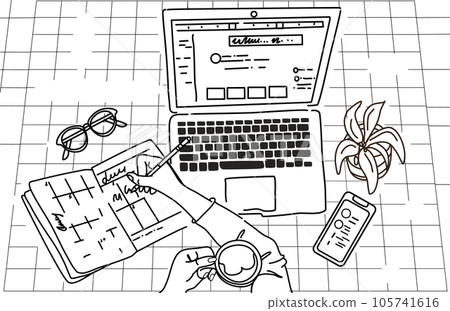 aptop,remote work, black and white ,book, cell phone, coffee, plant, hand drawn illustration aptop,remote work, black and white ,book, cell phone, coffee, plant, hand drawn illustration 105741616