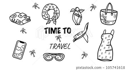 time to travel, vector set of summer vacation essentials hand drawn and isolated on white background time to travel, vector set of summer vacation essentials hand drawn and isolated on white background 105741618