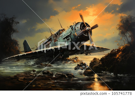Wreckage of a crashed reciprocating aircraft: AI work Wreckage of a crashed reciprocating aircraft: AI work 105741778