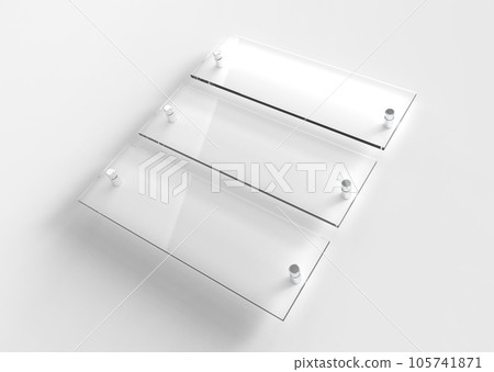 Three blank transparent glass interior corporate signage plates Mock up template, Clear boards for branding, logo. Transparent acrylic advertising signboards mock-up side view. 3D rendering 105741871