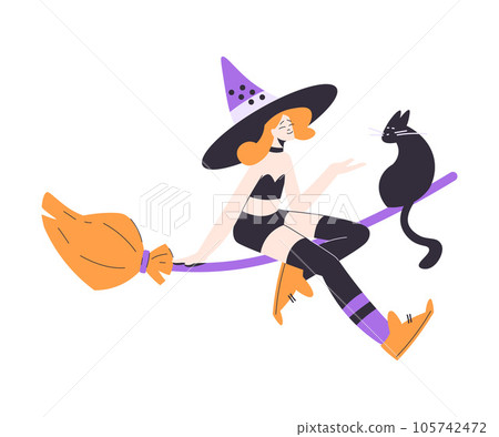 Happy Woman Witch at Halloween Party Flying on Broom with Black Cat Vector Illustration 105742472