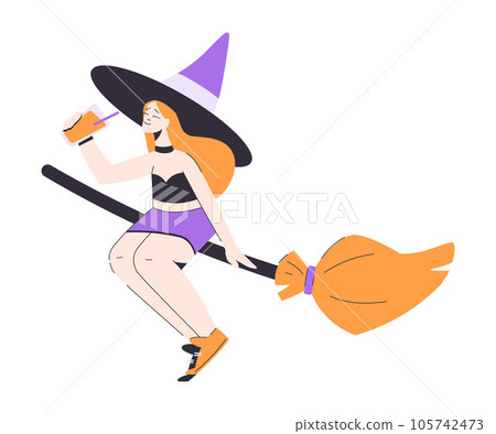 Happy Woman Witch at Halloween Party Flying on Broom with Juice Glass Vector Illustration 105742473