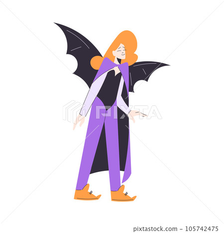 Happy Woman at Halloween Party Standing in Dracula Costume Vector Illustration Happy Woman at Halloween Party Standing in Dracula Costume Vector Illustration 105742475
