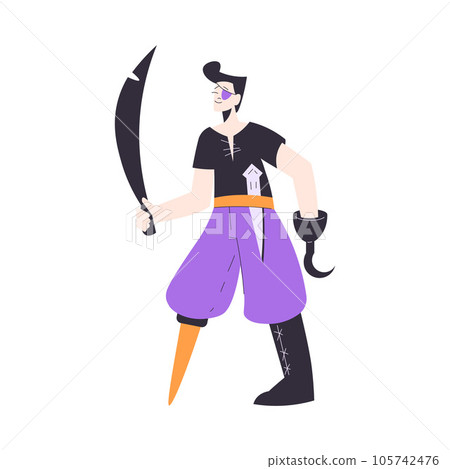 Happy Man at Halloween Party in Pirate Costume with Hook and Sword Vector Illustration Happy Man at Halloween Party in Pirate Costume with Hook and Sword Vector Illustration 105742476