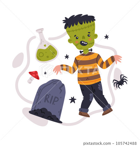 Boy Zombie at Halloween Party in Costume with Tomb and Spider Vector Illustration 105742488