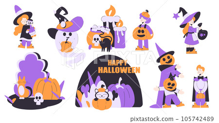 Kids Character at Halloween Dressed in Costume Enjoy Night Party Vector Set Kids Character at Halloween Dressed in Costume Enjoy Night Party Vector Set 105742489