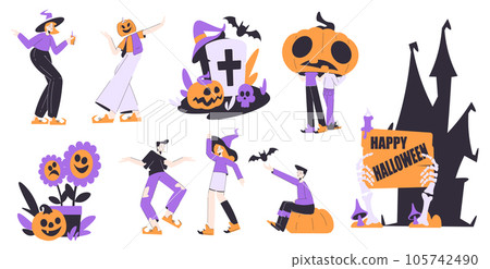 Man and Woman Characters at Halloween Dressed in Costume Enjoy Night Party Vector Set 105742490