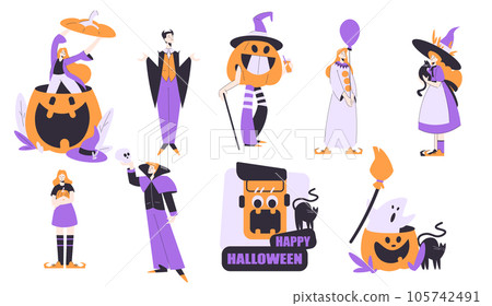 Man and Woman Characters at Halloween Dressed in Costume Enjoy Night Party Vector Set Man and Woman Characters at Halloween Dressed in Costume Enjoy Night Party Vector Set 105742491